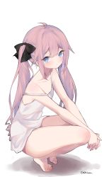 Rule 34 | 1girl, ahoge, aqua eyes, barefoot, bow, commentary request, dress, feet, hair bow, hair ribbon, long hair, looking at viewer, mimelond, original, parted lips, purple hair, ribbon, simple background, solo, squatting, twintails, white background, white dress