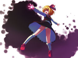 Rule 34 | 1girl, blonde hair, darkness, embodiment of scarlet devil, fang, female focus, hair ribbon, necktie, outstretched arms, panties, red eyes, ribbon, rumia, short hair, solo, spread arms, striped clothes, striped panties, tdk, touhou, underwear