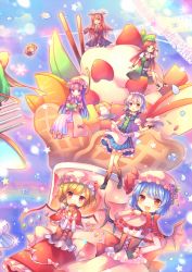 Rule 34 | 6+girls, adapted costume, bad id, bad pixiv id, bat wings, black dress, blonde hair, blue eyes, blue hair, book, braid, capelet, coa (chroo x), coat, corset, crescent, daiyousei, doughnut, dress, drooling, eating, flandre scarlet, flat chest, flying sweatdrops, food, green dress, hair ribbon, hat, highres, hong meiling, ice cream, izayoi sakuya, juliet sleeves, koakuma, long hair, long sleeves, maid, maid headdress, mob cap, multiple girls, open book, open clothes, open coat, patchouli knowledge, pink dress, pocky, puffy sleeves, purple eyes, purple hair, reading, red dress, red eyes, red hair, remilia scarlet, ribbon, rumia, silver hair, sitting, smile, star (symbol), striped clothes, striped dress, sundae, teapot, touhou, tray, twin braids, very long hair, whipped cream, wide sleeves, wings