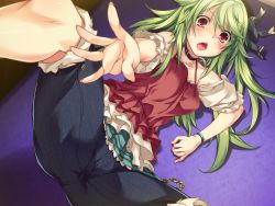 Rule 34 | 1girl, blush, breasts, denim, fingernails, game cg, green hair, hair ornament, jeans, leg up, legs, long fingernails, long hair, looking at viewer, lying, on side, open mouth, pants, play! play! play! san, red eyes, skirt, solo, spread legs, sugimoto ruriho, thighs, wazakita