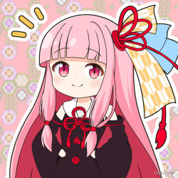 Rule 34 | 1girl, bare shoulders, black dress, black sleeves, blunt bangs, closed mouth, commentary, detached sleeves, dress, hair ornament, hands on own hips, kotonoha akane, long hair, looking at viewer, mitya, notice lines, outline, pink eyes, pink hair, ribbon, sidelocks, smile, solo, split mouth, twitter username, upper body, very long hair, voiceroid, white outline, wide sleeves, yagasuri