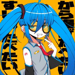Rule 34 | 1girl, bare shoulders, black-framed eyewear, black sleeves, blood, blood from mouth, blue eyes, blue hair, clenched teeth, collared shirt, commentary request, detached sleeves, dress shirt, ear piercing, fang, grey shirt, hatsune miku, lakilolom, long hair, long sleeves, looking at viewer, navel, necktie, orange-tinted eyewear, orange background, piercing, red necktie, round eyewear, shirt, simple background, sleeveless, sleeveless shirt, solo, teeth, text background, tinted eyewear, translation request, twintails, upper body, very long hair, vocaloid, wide sleeves