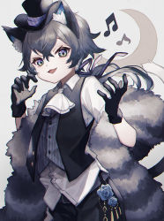 Rule 34 | 1boy, alice in wonderland, androgynous, animal ears, blue eyes, cheshire cat (alice in wonderland), cheshire cat (alice in wonderland) (cosplay), cosplay, gloves, grey hair, hat, highres, namiki itsuki, original, pale skin, tail, top hat, white hair