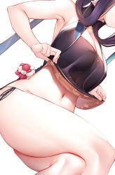 Rule 34 | 1girl, bare arms, black dress, blue hair, breasts, clothes lift, crossed legs, dress, dress lift, dutch angle, fate/grand order, fate (series), gradient hair, hamadamiku01, head out of frame, highres, invisible chair, large breasts, lifted by self, long hair, midriff, multicolored hair, navel, panty straps, purple hair, simple background, sitting, solo, white background, yang guifei (fate), yang guifei (second ascension) (fate)