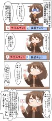 Rule 34 | &gt; &lt;, 1girl, 4koma, absurdres, ascot, bow, bowtie, brown cardigan, brown hair, brown jacket, cardigan, comic, commentary request, covered eyes, highres, jacket, kantai collection, kumano (kancolle), long hair, long sleeves, nanakusa suzuna, open mouth, orange bow, orange bowtie, plate, ponytail, school uniform, sleep mask, smile, translation request