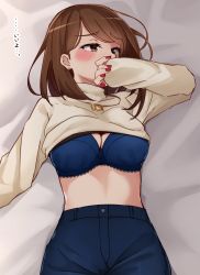 Rule 34 | 1girl, absurdres, bad id, bad nicoseiga id, blue bra, blue pants, blush, bow, bow bra, bra, breasts, brown eyes, brown hair, brown sweater, cleavage, clothes lift, commentary request, earrings, fingernails, highres, jewelry, kapatarou, long hair, long sleeves, looking away, looking to the side, lying, medium breasts, nail polish, on back, original, pants, pendant, red nails, sleeves past wrists, solo, stomach, sweater, sweater lift, translated, underwear