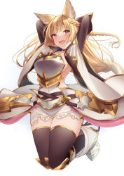 Rule 34 | 1girl, animal ears, black thighhighs, blonde hair, blunt bangs, boots, braid, breasts, commentary request, covered navel, erune, full body, granblue fantasy, highres, jumping, keima ron, long hair, looking at viewer, medium breasts, open mouth, simple background, single braid, solo, thighhighs, white background, white footwear, yuisis (granblue fantasy)