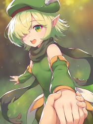Rule 34 | 1girl, 1other, aoi (princess connect!), bare shoulders, beret, blurry, blush, breasts, depth of field, detached sleeves, elf, green eyes, green headwear, green scarf, green shirt, green shorts, green sleeves, hair over one eye, hat, hat feather, highres, holding hands, light green hair, looking at viewer, open mouth, outdoors, pointy ears, pov, princess connect!, puffy shorts, scarf, shirt, short hair, shorts, sleeveless, sleeveless shirt, small breasts, smile, solo focus, yako noir (kei-ne)