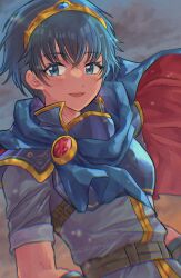 1boy armor belt blue_cape blue_eyes blue_hair blue_shirt blush brown_belt cape cloud commentary_request fire_emblem fire_emblem:_mystery_of_the_emblem gold_trim hair_between_eyes highres hino222hikari jewelry looking_at_viewer male_focus marth_(fire_emblem) nintendo open_mouth outdoors pauldrons red_cape shirt short_hair short_sleeves shoulder_armor smile solo tiara twitter_username two-tone_cape