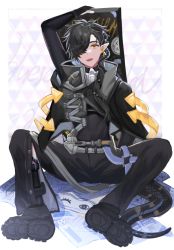 Rule 34 | 1boy, arknights, arrow (symbol), bishounen, black hair, blue sealad, boots, corroserum (arknights), ear piercing, fang, fangs, full body, hair over one eye, hand up, highres, male focus, one eye covered, open mouth, piercing, pointy ears, respirator, short hair, sitting, snake boy, snake tail, solo, spread legs, tail