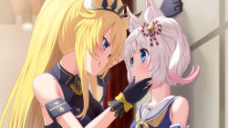 Rule 34 | 2girls, animal ears, backstage, bell, blonde hair, blue eyes, blush, bow, breasts, cleavage, commentary, eye contact, fox ears, fox girl, gloves, hand on another&#039;s face, highres, howan (show by rock!!), indoors, jingle bell, long hair, looking at another, medium breasts, medium hair, multiple girls, nuenue, rararin (show by rock!!), show by rock!!, stage lights, tiara, tongue, tongue out, upper body, very long hair, kabedon, white hair, yuri