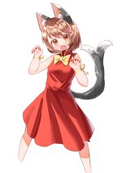 Rule 34 | 1girl, absurdres, adapted costume, animal ear fluff, animal ear piercing, animal ears, blush, bow, bowtie, breasts, brown eyes, brown hair, cat ears, cat tail, chen, chenge7338, claw pose, commentary request, cropped legs, dress, earrings, fang, gao, gold trim, hands up, highres, jewelry, legs apart, looking at viewer, multiple tails, nail polish, nekomata, no headwear, open mouth, petite, red dress, red nails, ribbon, short hair, single earring, sleeveless, small breasts, solo, standing, tail, touhou, two tails, wrist ribbon, yellow bow, yellow bowtie