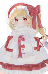 Rule 34 | 1girl, apple, blonde hair, bow, crystal, flandre scarlet, food, fruit, hair bow, highres, multicolored wings, one side up, ramochi, red eyes, scarf, side ponytail, skirt, skirt set, solo, touhou, white background, wings