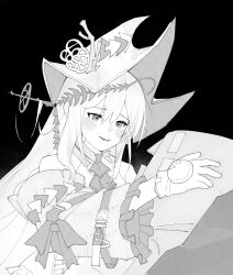 Rule 34 | 1girl, 1other, absurdres, arknights, ascot, bare shoulders, black background, blush, detached sleeves, doctor (arknights), gloves, greyscale, hat, highres, hood, hood up, long sleeves, looking at another, lying, mask, monochrome, on back, parted lips, simple background, skadi (arknights), skadi the corrupting heart (arknights), soda (sod4), solo, solo focus, upper body, wide sleeves