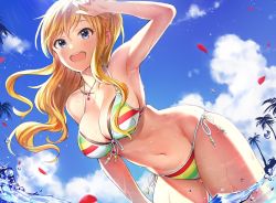 Rule 34 | 10s, 1girl, armpits, bare arms, bare legs, bikini, blonde hair, blue eyes, blue skirt, breasts, cleavage, cloud, cloudy sky, day, duplicate, halterneck, highres, idolmaster, idolmaster cinderella girls, jewelry, large breasts, leaning forward, long hair, navel, necklace, ohtsuki yui, open mouth, palm tree, side-tie bikini bottom, skirt, sky, smile, solo, standing, stomach, striped bikini, striped clothes, summer, sunlight, swimsuit, takeashiro, tree, wading, water, wavy hair