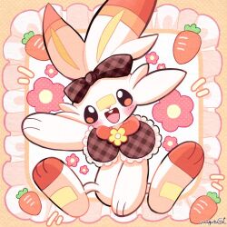Rule 34 | artist name, capelet, carrot, clothed pokemon, creatures (company), floral background, frills, full body, game freak, gen 8 pokemon, hand up, mochopaccho, nintendo, open mouth, orange eyes, plaid, pokemon, pokemon (creature), polka dot, polka dot background, ribbon, scorbunny, sitting, smile, teeth, upper teeth only