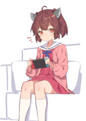 1girl ahoge brown_hair cardigan dress expressionless handheld_game_console headgear highres holding holding_handheld_game_console looking_at_viewer nintendo_switch open_cardigan open_clothes pink_cardigan playing_games red_eyes sailor_dress short_hair sitting socks solo touhoku_kiritan voiceroid white_socks yamamomo_(plank)