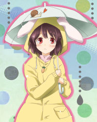 Rule 34 | ..., 1girl, :&lt;, abstract, animal ears, brown hair, rabbit ears, carrot, carrot necklace, female focus, fuyutarou, heart, inaba tewi, jewelry, necklace, polka dot, raincoat, red eyes, snail, solo, touhou, umbrella