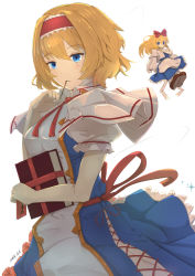 Rule 34 | 1girl, alice margatroid, blonde hair, blue dress, blue eyes, blush, book, bow, breasts, capelet, dated, doll, dress, food, food in mouth, gold trim, hair bow, hairband, highres, holding, holding book, horusu (sa1230red), medium breasts, parted lips, pocky, puffy short sleeves, puffy sleeves, red bow, red ribbon, ribbon, shanghai doll, short hair, short sleeves, simple background, solo, sparkle, tabard, touhou, upper body, white background