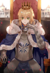 Rule 34 | 1girl, armor, artoria pendragon (fate), b rock, bad id, bad pixiv id, blonde hair, blue cape, blurry, blurry background, breastplate, cape, commentary request, crown, depth of field, fate/stay night, fate (series), faulds, fur trim, gauntlets, gorget, green eyes, highres, hood, hood down, hooded cape, light particles, looking at viewer, parted lips, plate armor, saber (fate), sitting, solo, throne