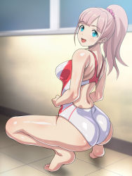 Rule 34 | 1girl, aqua eyes, barefoot, breasts, competition swimsuit, from behind, grey hair, long hair, looking at viewer, looking back, medium breasts, monteriakitto, one-piece swimsuit, original, smile, solo, squatting, swimsuit, white one-piece swimsuit