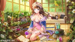 Rule 34 | 1girl, atelier (series), atelier totori, blue eyes, blush, book, bookmark, bookshelf, boots, breasts, brown hair, cat, closed mouth, cosplay, couch, curtains, cushion, flask, headdress, high heels, indoors, long hair, looking at viewer, medium breasts, mwwhxl, on floor, open book, plant, potted plant, round-bottom flask, sitting, solo, staff, test tube, totooria helmold, totooria helmold (cosplay), wariza, watermark, white footwear, window, wooden floor