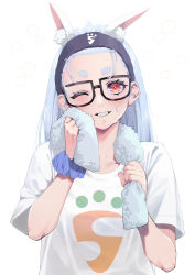 Rule 34 | 1girl, ;), absurdres, animal ear fluff, animal ears, blue hair, blush, extra ears, forehead, glasses, grin, highres, holding, holding towel, hololive, long hair, looking at viewer, mikan (chipstar182), one eye closed, rabbit ears, red eyes, scrunchie, shirt, short eyebrows, short sleeves, simple background, smile, solo, thick eyebrows, towel, towel around neck, upper body, usada pekora, virtual youtuber, wet, white background, white shirt, wrist scrunchie