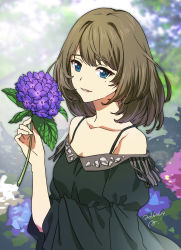 Rule 34 | 1girl, alternate eye color, asao (vc), bare shoulders, blue eyes, brown hair, collarbone, dated, day, dress, flower, green eyes, holding, holding flower, hydrangea, idolmaster, idolmaster cinderella girls, light smile, lips, looking at viewer, mole, mole under eye, off shoulder, outdoors, parted lips, short hair, signature, solo, takagaki kaede