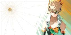 Rule 34 | 1boy, bad id, bad pixiv id, bakugou katsuki, bare shoulders, black shirt, black sleeves, blonde hair, boku no hero academia, closed mouth, collarbone, commentary request, detached sleeves, eye mask, gloves, grey background, male focus, multicolored background, orange background, shirt, short hair, sleeveless, solo, spiked hair, toned, toned male, torn mask, unou (unou mha), upper body, white background