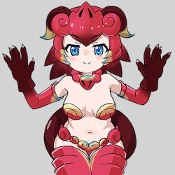 Rule 34 | 1girl, bare shoulders, blue eyes, breasts, claws, cowboy shot, elbow gloves, fang, fang out, gloves, grey background, hands up, jewelry, kemono friends, looking at viewer, medium breasts, navel, necklace, nyifu, red hair, shiisaa lefty, simple background, smile, solo, tail, thighhighs