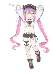 Rule 34 | 1girl, :d, aged down, ankle boots, arms up, asymmetrical legwear, belt bra, black footwear, black hat, black shorts, blade (galaxist), blush, boots, cropped jacket, cross-laced footwear, demon tail, fake horns, fang, fishnet legwear, fishnets, full body, gradient hair, green eyes, hair ornament, hairclip, hands up, hat, hat pin, hololive, horned headwear, horns, jacket, legwear garter, long hair, long sleeves, looking at viewer, multicolored hair, open clothes, open jacket, open mouth, pink hair, purple hair, shorts, simple background, smile, solo, tail, tokoyami towa, twintails, uneven legwear, very long hair, virtual youtuber, white background