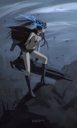 Rule 34 | 1girl, absurdres, bikini, bikini top only, black bikini, black cape, black choker, black hair, black rock shooter, black rock shooter (character), blue eyes, boots, breasts, cape, choker, cliff, commentary, flaming eye, full body, groin, gun, high heel boots, high heels, highres, holding, holding gun, holding weapon, knee boots, long hair, micro shorts, navel, ruins, shorts, simple bird, small breasts, solo, swimsuit, twintails, uqi32, weapon