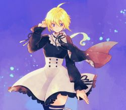 Rule 34 | 1girl, ahoge, amano soraha, arm at side, arm up, assault lily, black capelet, black dress, black ribbon, black thighhighs, blonde hair, bright pupils, buttons, capelet, closed mouth, cowboy shot, dress, floating hair, frilled dress, frilled shirt collar, frilled skirt, frills, gradient background, hair between eyes, hand in own hair, highres, leg ribbon, light particles, long hair, long sleeves, looking at viewer, low ponytail, neck ribbon, ponytail, puffy long sleeves, puffy sleeves, purple background, purple eyes, ribbon, skirt, sleeve ribbon, smile, solo, sorato (astllatte), standing, thigh ribbon, thighhighs, two-sided capelet, two-sided fabric, two-tone dress, white dress, white pupils, white ribbon
