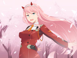 Rule 34 | 10s, 1girl, :d, arms behind back, blue eyes, breasts, buttons, cherry blossoms, darling in the franxx, fang, floating hair, hairband, honda naoki, long hair, long sleeves, medium breasts, necktie, open mouth, orange necktie, petals, pink hair, short necktie, smile, solo, straight hair, teeth, tree, uniform, white hairband, zero two (darling in the franxx)