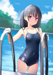 Rule 34 | 1girl, black hair, blue one-piece swimsuit, breasts, chain-link fence, collarbone, competition school swimsuit, covered navel, cowboy shot, day, dripping, dutch angle, fence, hands up, haoriya chie (minidraco), highres, looking at viewer, minidraco, one-piece swimsuit, one side up, original, outdoors, pool, pool ladder, purple eyes, school swimsuit, shiny clothes, single sidelock, small breasts, smile, solo, swimsuit, water, wet