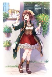 Rule 34 | 1girl, :d, atelier (series), atelier sophie, boots, brown eyes, brown footwear, brown hair, cat, choker, coat, corset, day, frilled skirt, frills, full body, green coat, highres, jewelry, necklace, open clothes, open coat, open mouth, outdoors, red skirt, shireru illust, short hair, skirt, smile, solo, sophie neuenmuller, standing