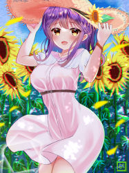 Rule 34 | 1girl, absurdres, alternate costume, azur lane, blush, bracelet, breasts, brown eyes, commentary request, dress, flower, hat, highres, j azln (magnetic field), jewelry, long hair, looking at viewer, mullany (azur lane), open mouth, purple hair, smile, solo, straw hat, sunflower