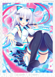 Rule 34 | 1girl, armpits, ass, balloon, black footwear, black skirt, blue eyes, boots, breasts, collared shirt, convenient leg, crop top, detached sleeves, fake animal ears, frills, hair ornament, hasune, highres, holding, knees up, long hair, long sleeves, looking at viewer, medium breasts, midriff, miniskirt, open mouth, original, outstretched arm, shirt, silver hair, skirt, solo, suspenders, thigh boots, thigh strap, thighhighs, two side up, white shirt