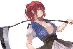Rule 34 | 1girl, asawa (dm owr), bad id, bad pixiv id, breasts, cleavage, coin, dutch angle, expressionless, hair bobbles, hair ornament, large breasts, looking at viewer, no bra, obi, onozuka komachi, over shoulder, puffy short sleeves, puffy sleeves, red eyes, red hair, sash, scythe, short hair, short sleeves, solo, touhou, two side up, upper body, vest, weapon, weapon over shoulder, white background