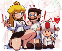 Rule 34 | 1girl, 2boys, absurdres, black footwear, black skirt, blonde hair, blush, breasts, brown footwear, brown hair, cleavage, doctor, eye contact, facial hair, gloves, heart, heart rate monitor, high heels, highres, large breasts, lipstick, looking at another, makeup, mario, mario (series), multiple boys, mustache, nintendo, patient, princess peach, red lips, shiny skin, size difference, skirt, syringe, thick thighs, thighs, toad (mario), tony welt, white gloves, wide hips