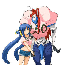 Rule 34 | 2girls, age difference, arc system works, babydoll t-shirt, blue hair, clothes writing, crop top, denim, denim shorts, dizzy (guilty gear), guilty gear, hair ribbon, hitotsubashi, jeans, justice (guilty gear), long hair, messy hair, midriff, mother and daughter, multiple girls, o o, orange hair, pants, ribbon, shorts, simple background, smile, tank top, twintails