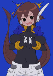 Rule 34 | 1girl, absurdres, aile (mega man zx), arms under breasts, black bodysuit, black eyes, blue background, blue jacket, bodysuit, bodysuit under clothes, breasts, brown hair, buzzlyears, covered collarbone, cowboy shot, cropped jacket, highres, jacket, large breasts, long hair, looking at viewer, mega man (series), mega man zx, mega man zx advent, nervous, open clothes, open jacket, ponytail, shorts, simple background, solo, surprised, sweat, tearing up, white shorts