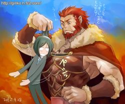 Rule 34 | 2boys, armor, bad id, bad pixiv id, beard, cape, collar grab, facial hair, fate/zero, fate (series), ginko (silver fox), green hair, iskandar (fate), male focus, manly, multiple boys, red eyes, red hair, size difference, tears, waver velvet