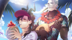 Rule 34 | 2boys, black gloves, black horns, black spinel (pfsoz), blue sky, brown hair, cloud, coconut, crystal, day, drinking straw, earclip, flower, flower necklace, gloves, hawaiian shirt, horns, instrument, jewelry, killingrock, lei, male focus, medium hair, multiple boys, necklace, oi (pfsoz), pixiv fantasia, pixiv fantasia scepter of zeraldia, red eyes, shirt, short hair, short sleeves, sky, stitched mouth, stitches, sunlight, ukulele, white hair, white shirt