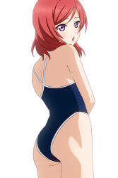 Rule 34 | 10s, 1girl, ass, bad id, bad pixiv id, competition school swimsuit, love live!, love live! school idol project, nishikino maki, one-piece swimsuit, purple eyes, purple hair, red hair, school swimsuit, short hair, simple background, standing, swimsuit, undershaft