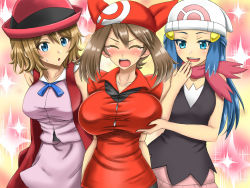 Rule 34 | 00s, 10s, 3girls, bandana, blue eyes, blue hair, blush, breast lift, breasts, brown hair, bursting breasts, closed eyes, creatures (company), dawn (pokemon), game freak, hat, large breasts, long hair, may (pokemon), multiple girls, nintendo, open mouth, pokemon, pokemon dppt, pokemon rse, pokemon xy, serena (pokemon), short hair, small breasts, sweat, takecha, tears, white headwear