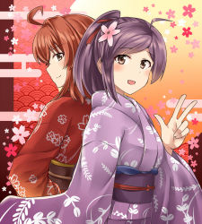 Rule 34 | 10s, ahoge, alternate costume, alternate hairstyle, arashi (kancolle), back-to-back, brown eyes, hagikaze (kancolle), hair ornament, highres, japanese clothes, kamelie, kantai collection, kimono, long hair, obi, open mouth, ponytail, purple hair, red hair, sash, side ponytail, smile, v