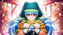 Rule 34 | 1girl, apron, arm ribbon, artist name, aura, between fingers, blue apron, blue hair, confetti, crossed wrists, dress, flower, green headwear, hair between eyes, haniyasushin keiki, highres, holding, hood, jewelry, kubrick stare, long hair, looking at viewer, magatama, magatama necklace, necklace, puffy short sleeves, puffy sleeves, red eyes, ribbon, screen, serious, short sleeves, solo, standing, torinosukei, touhou, upper body, very long hair, wood carving tool, yellow dress