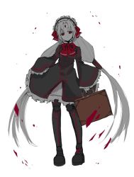 Rule 34 | 1girl, bow, briefcase, forehead jewel, gothic lolita, hair bow, hayase, joints, lolita fashion, maid headdress, red eyes, robot joints, simple background, solo, twintails, under night in-birth, vatista, white background, white hair