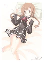 Rule 34 | 1girl, bed, bed sheet, black skirt, blush, bow, bowtie, braid, brown eyes, brown hair, clala, glasses, knees together feet apart, komone ushio, long hair, long sleeves, looking at viewer, pillow, pleated skirt, quiz magic academy, red bow, red bowtie, skirt, solo, twin braids, twintails, ukomone